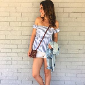 Blue and white striped off the shoulder top